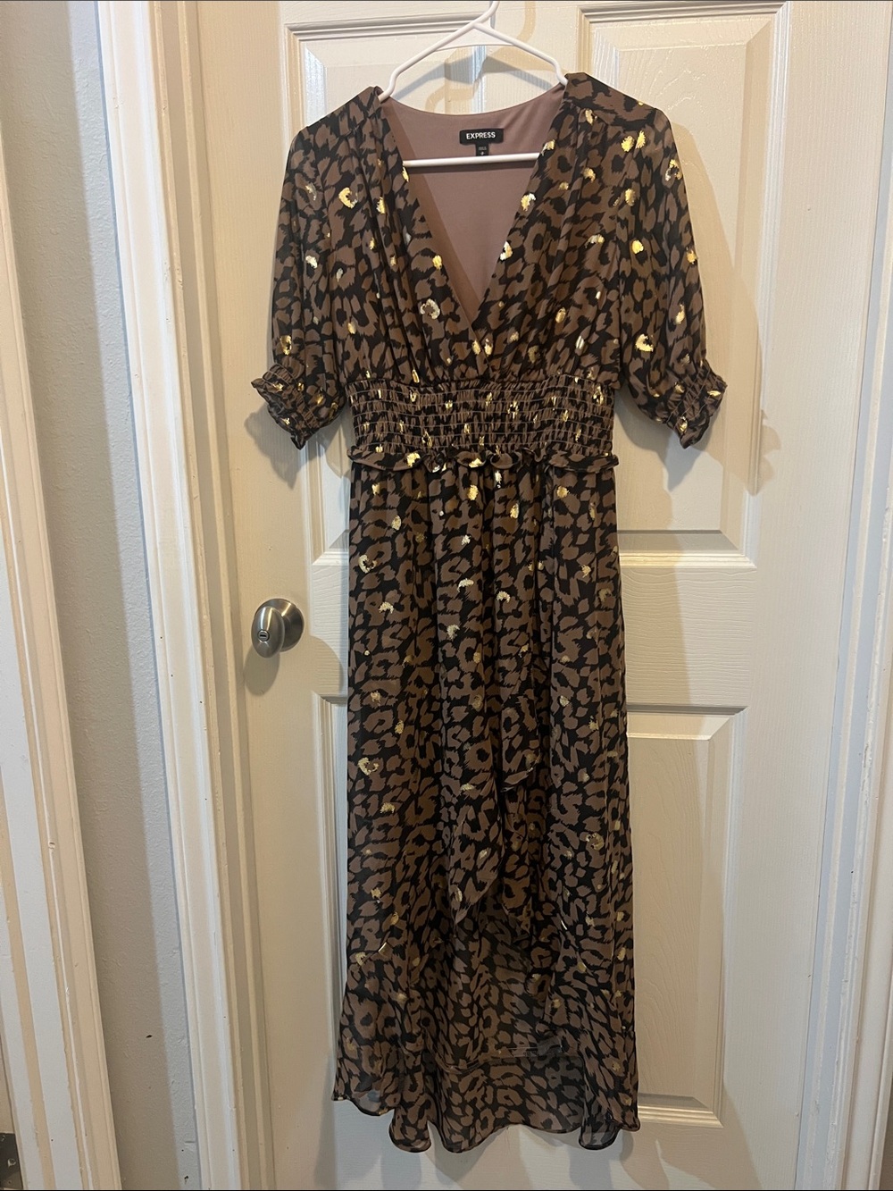 Express Brown Leopard Print Maxi Dress with Gold Accents